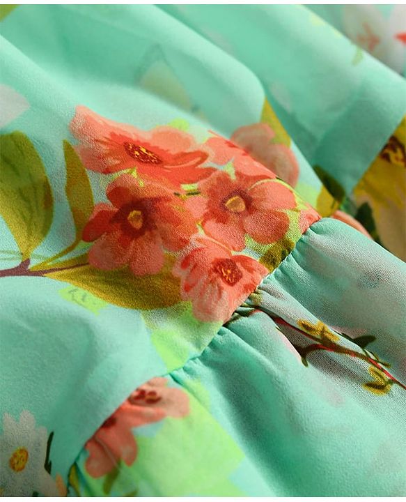 Pine Kids Woven Flutter Sleeves Frock with Floral Print & Frill Detailing - Light Green