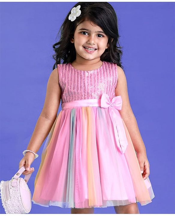 Babyhug Woven Sleeveless Fit & Flare Mesh Party Dress With Sequinned Yoke & Bow Detailing - Pink