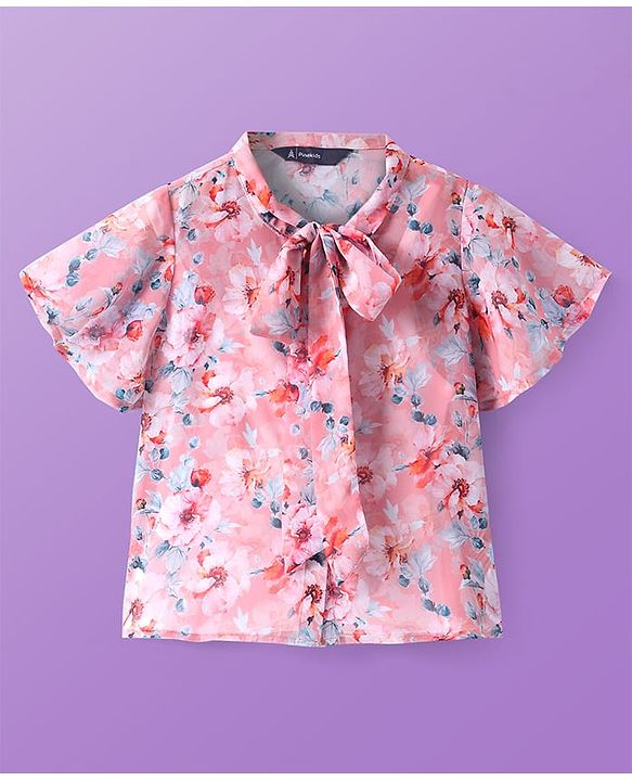 Pine Kids Woven Half Sleeves Floral Printed Top With Inner Slip & Bow Applique - Pink