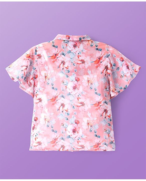 Pine Kids Woven Half Sleeves Floral Printed Top With Inner Slip & Bow Applique - Pink