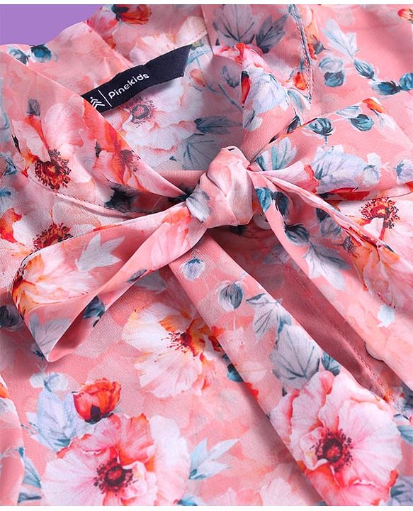 Pine Kids Woven Half Sleeves Floral Printed Top With Inner Slip & Bow Applique - Pink