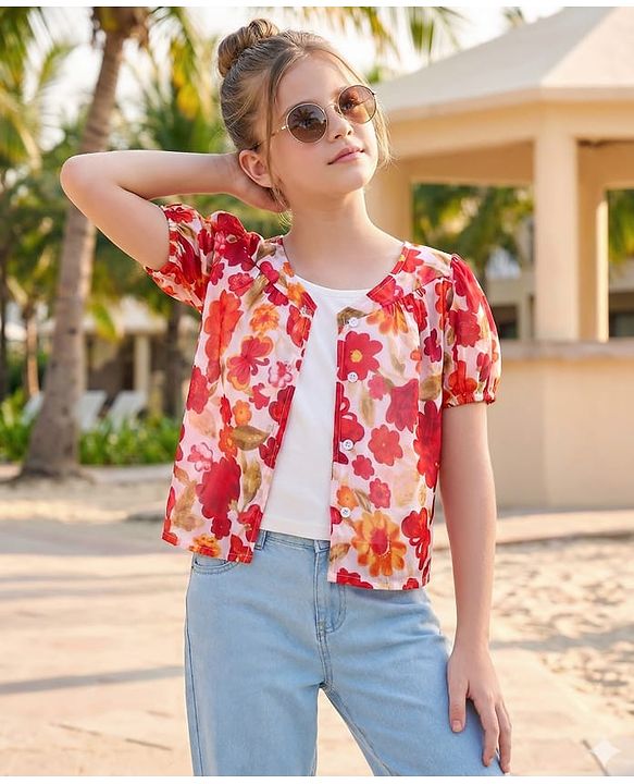 Pine Kids Woven Half Sleeves Top With Floral Print - Red