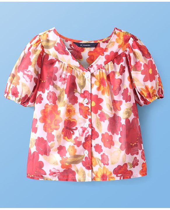Pine Kids Woven Half Sleeves Top With Floral Print - Red