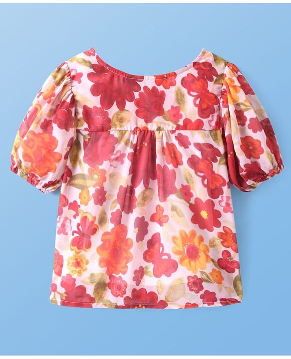 Pine Kids Woven Half Sleeves Top With Floral Print - Red