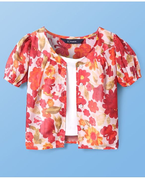 Pine Kids Woven Half Sleeves Top With Floral Print - Red