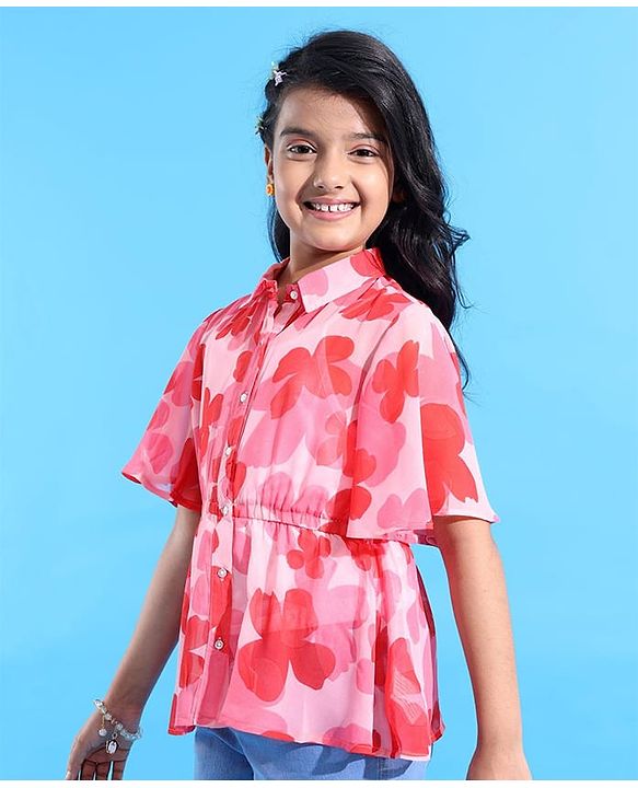 Pine Kids Woven Half Bell Sleeves Collar Neck Shirt Style Floral Printed Top With Singlet Inner - Pink