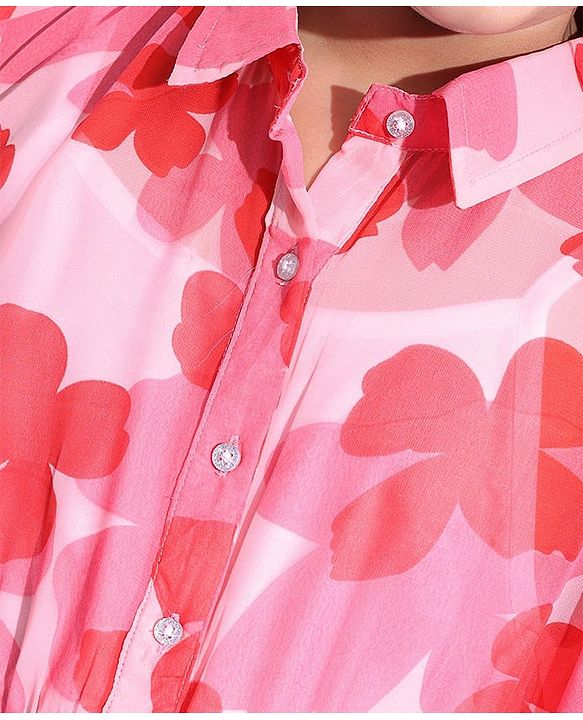 Pine Kids Woven Half Bell Sleeves Collar Neck Shirt Style Floral Printed Top With Singlet Inner - Pink