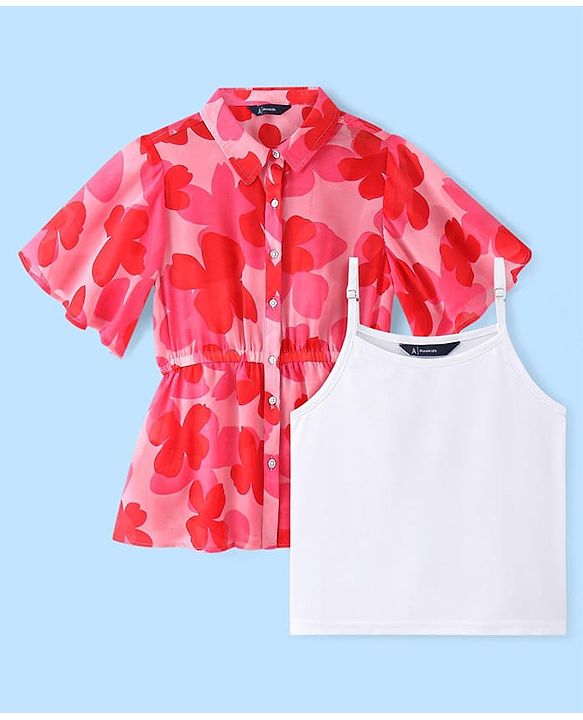 Pine Kids Woven Half Bell Sleeves Collar Neck Shirt Style Floral Printed Top With Singlet Inner - Pink