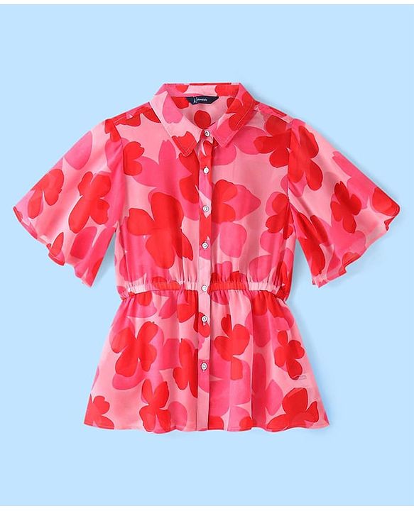 Pine Kids Woven Half Bell Sleeves Collar Neck Shirt Style Floral Printed Top With Singlet Inner - Pink