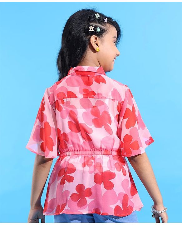 Pine Kids Woven Half Bell Sleeves Collar Neck Shirt Style Floral Printed Top With Singlet Inner - Pink