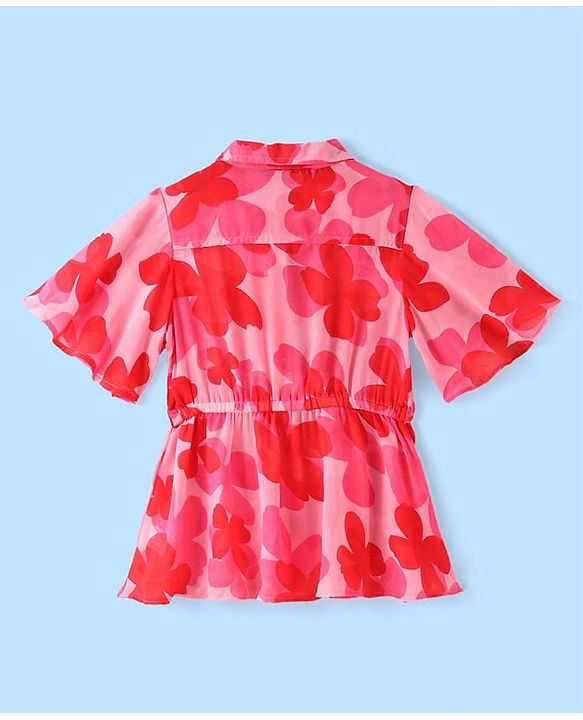 Pine Kids Woven Half Bell Sleeves Collar Neck Shirt Style Floral Printed Top With Singlet Inner - Pink