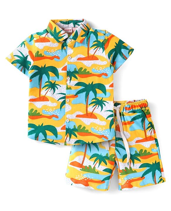 Babyhug Single Jersey Knit Half Sleeves Shirt & Shorts Set with Beach Theme Print - Yellow