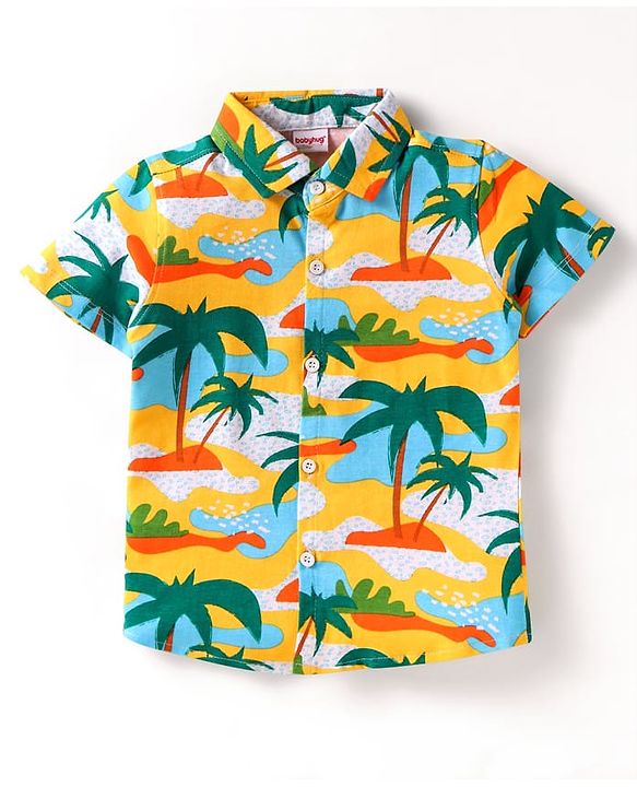Babyhug Single Jersey Knit Half Sleeves Shirt & Shorts Set with Beach Theme Print - Yellow