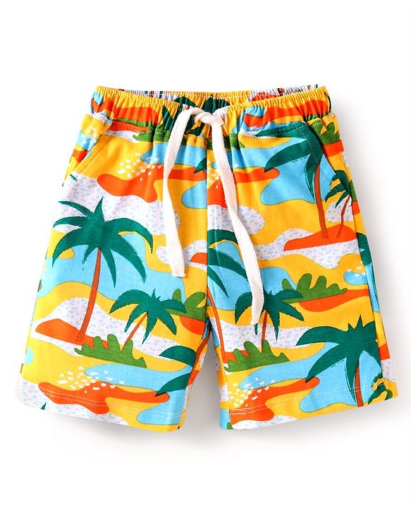 Babyhug Single Jersey Knit Half Sleeves Shirt & Shorts Set with Beach Theme Print - Yellow