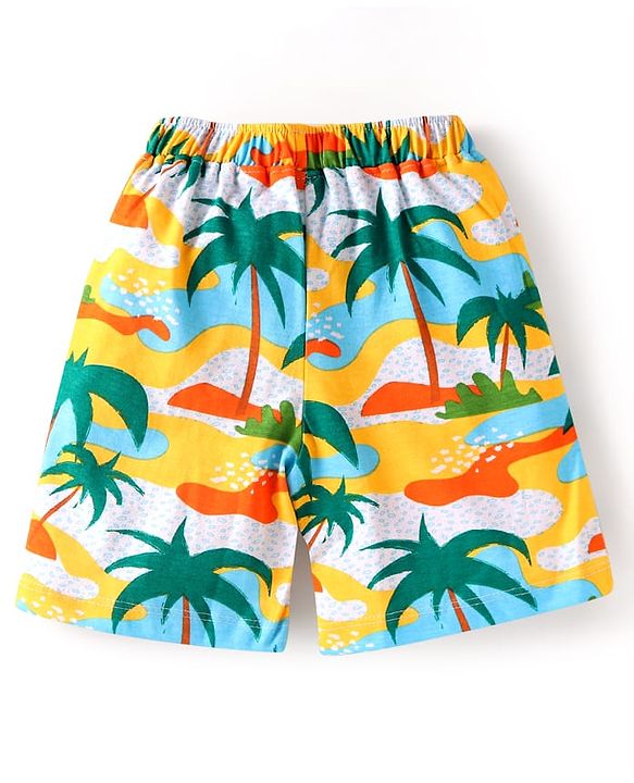 Babyhug Single Jersey Knit Half Sleeves Shirt & Shorts Set with Beach Theme Print - Yellow