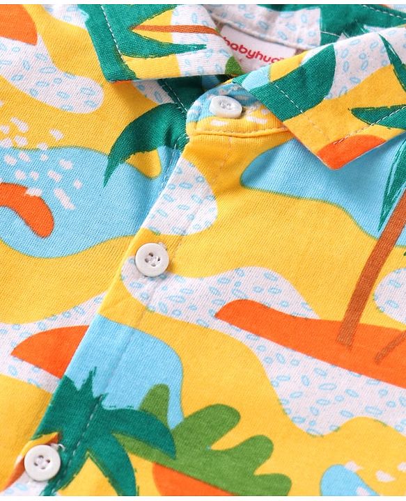 Babyhug Single Jersey Knit Half Sleeves Shirt & Shorts Set with Beach Theme Print - Yellow