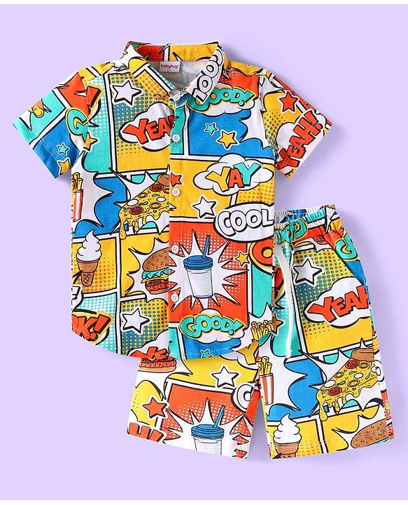 Babyhug Single Jersey Knit Half Sleeves Shirt & Shorts Set with Comic Text Print - Yellow & Blue
