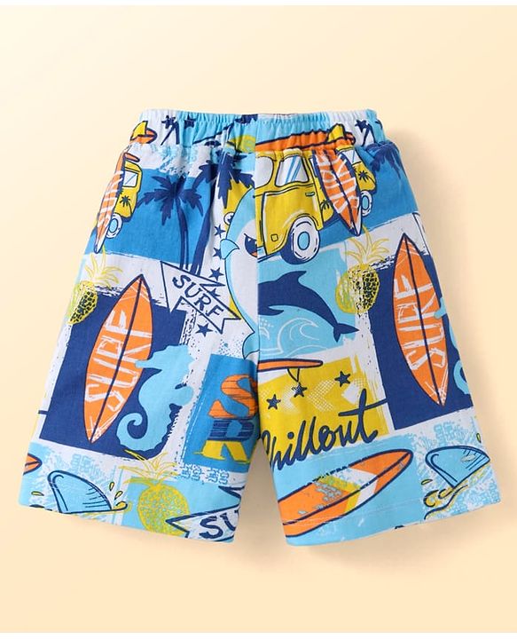 Babyhug Single Jersey Knit Half Sleeves Shirt & Shorts Set with Beach Theme Print - Light Blue