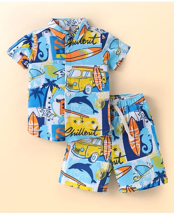 Babyhug Single Jersey Knit Half Sleeves Shirt & Shorts Set with Beach Theme Print - Light Blue