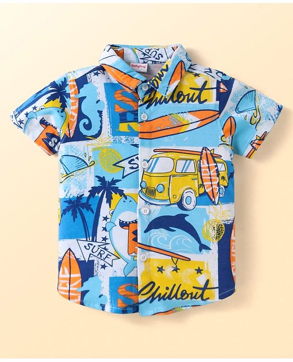 Babyhug Single Jersey Knit Half Sleeves Shirt & Shorts Set with Beach Theme Print - Light Blue