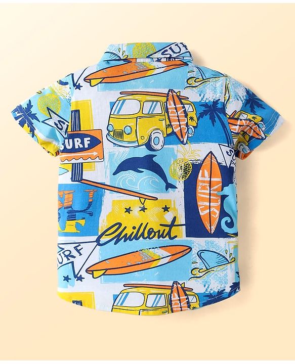 Babyhug Single Jersey Knit Half Sleeves Shirt & Shorts Set with Beach Theme Print - Light Blue