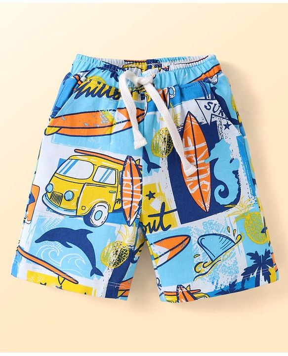 Babyhug Single Jersey Knit Half Sleeves Shirt & Shorts Set with Beach Theme Print - Light Blue