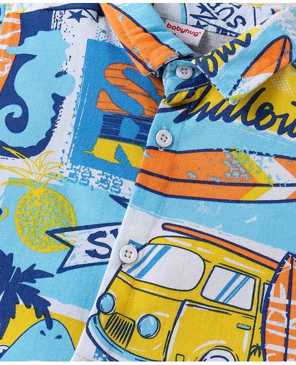 Babyhug Single Jersey Knit Half Sleeves Shirt & Shorts Set with Beach Theme Print - Light Blue