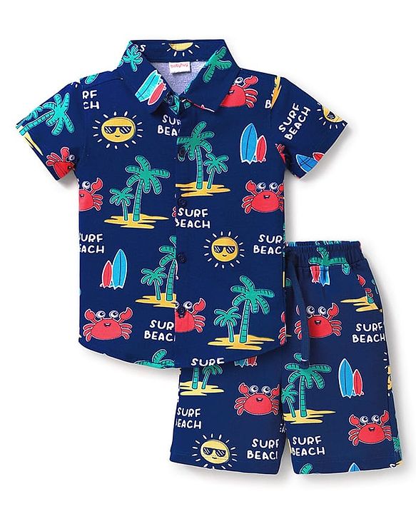 Babyhug Single Jersey Knit Shirt & Shorts Set Beach Theme Print - Navy Blue