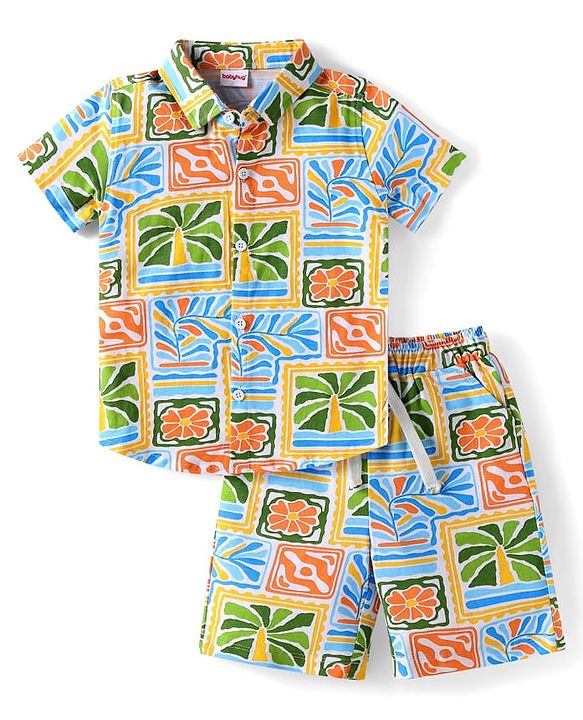Babyhug Single Jersey Knit Half Sleeves Shirt & Shorts Co-Ords Set with Tropical Print - Yellow & Blue