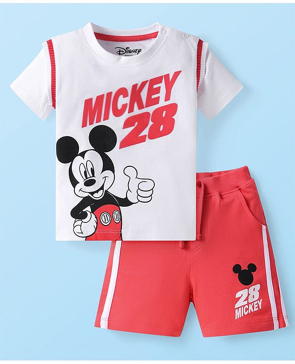 Babyhug Disney Single Jersey Knit Half Sleeves T-Shirt & Shorts Set With Mickey Mouse Graphics -Red & White
