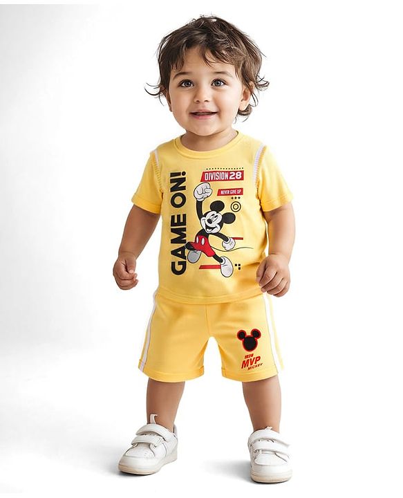 Babyhug Disney Single Jersey Knit Half Sleeves T-Shirt & Shorts Set With Mickey Mouse Graphics - Yellow