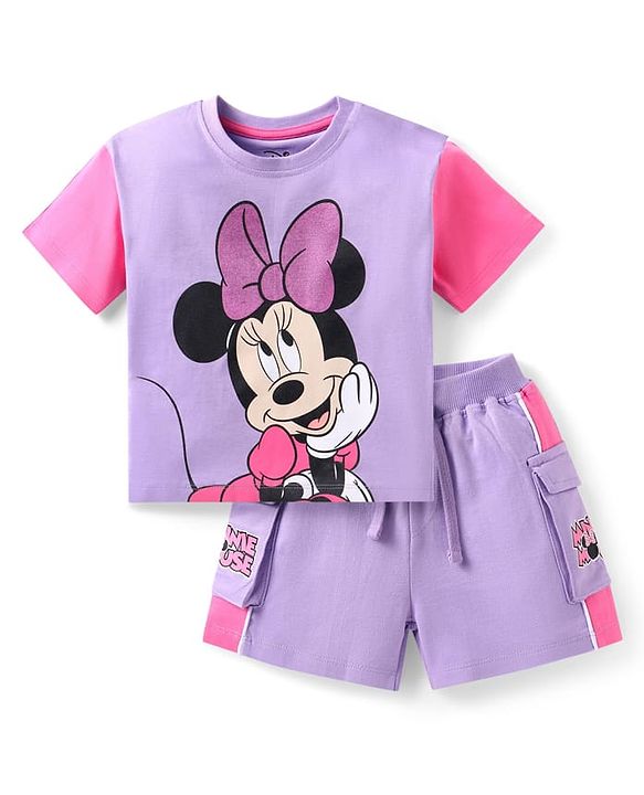 Babyhug Disney Cotton Knit Drop Shoulder Half Sleeves T-shirt & Shorts With Minnie Mouse Graphics and Foil Detailing - Lilac