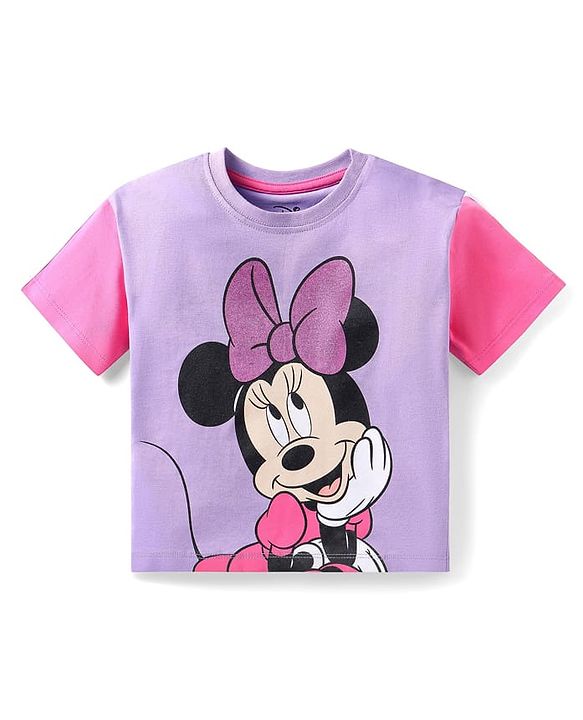 Babyhug Disney Cotton Knit Drop Shoulder Half Sleeves T-shirt & Shorts With Minnie Mouse Graphics and Foil Detailing - Lilac