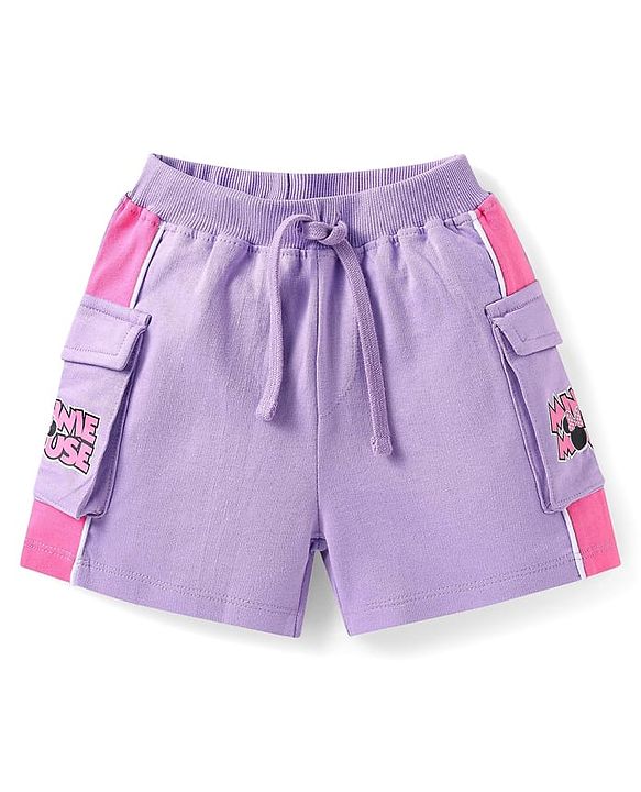 Babyhug Disney Cotton Knit Drop Shoulder Half Sleeves T-shirt & Shorts With Minnie Mouse Graphics and Foil Detailing - Lilac