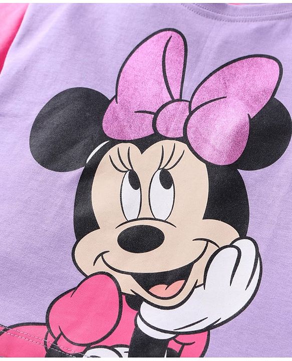 Babyhug Disney Cotton Knit Drop Shoulder Half Sleeves T-shirt & Shorts With Minnie Mouse Graphics and Foil Detailing - Lilac