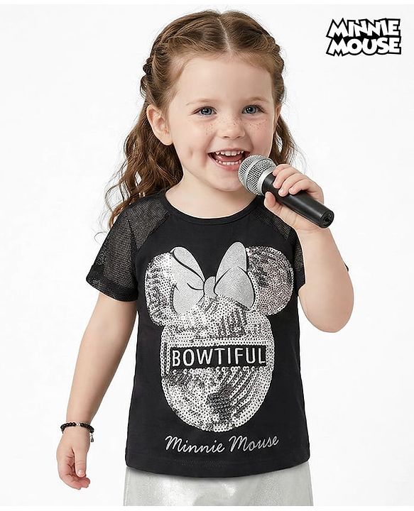 Babyhug Disney Half Raglan Sleeves T-Shirt with Minnie Mouse Graphics Mesh & Sequins Detailing - Black
