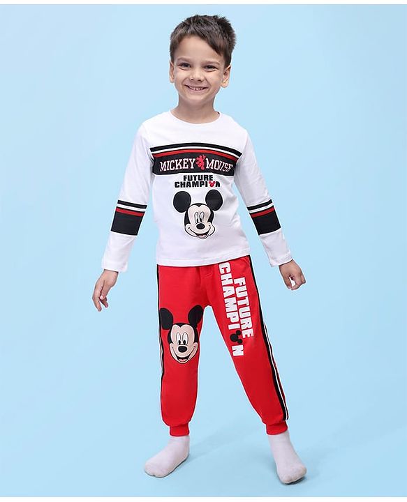 Babyhug Disney Single Jersey Knit Full Sleeves T-Shirt & Lounge Pant Set With Mickey Mouse Graphics - Red & White