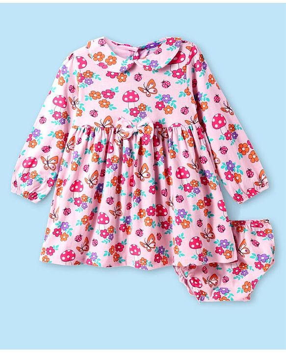 Babyhug Cotton Knit Full Peasant Sleeves Floral Printed Peter Pan Collared Frock with Bow Detailing - Pink & Blue