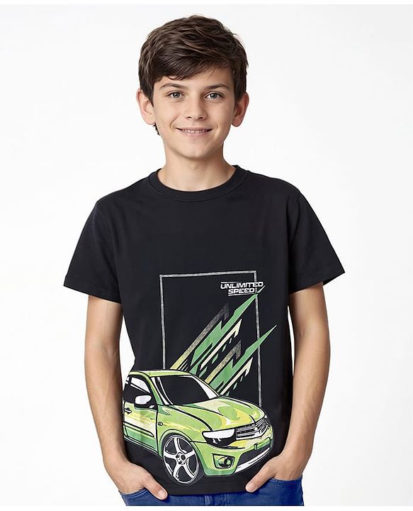 Pine Kids Cotton Knit Half Sleeves T-Shirt with Car Print - Black