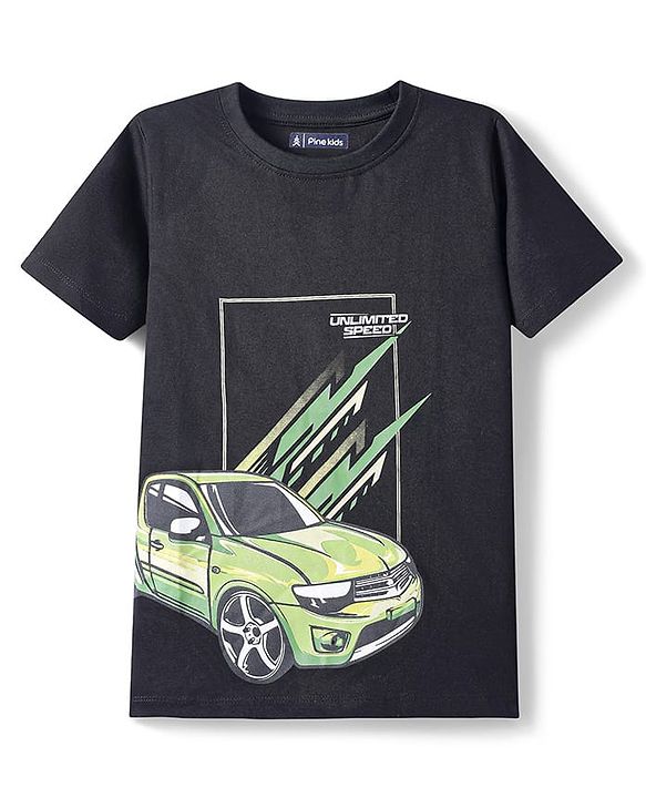 Pine Kids Cotton Knit Half Sleeves T-Shirt with Car Print - Black