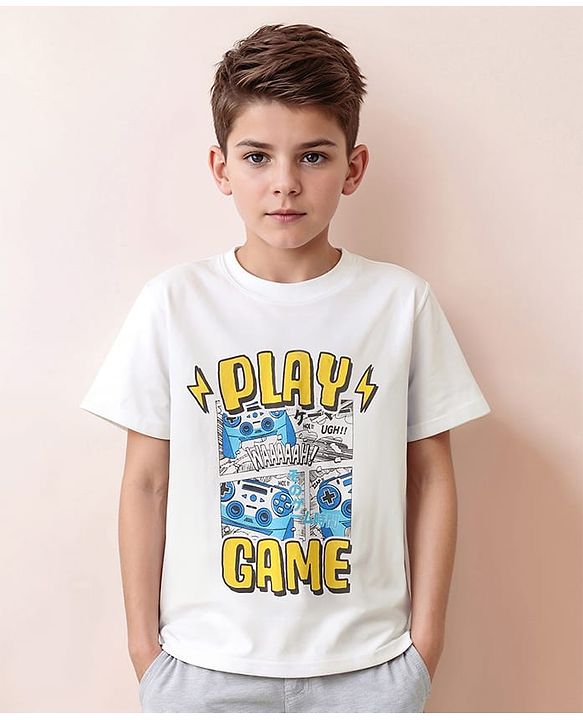 Pine Kids Cotton Knit Half Sleeves T-Shirt With Gaming Print - White