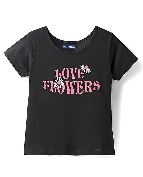 Pine Kids Cotton Knit Half Sleeves T-Shirt With Love Flowers Text Print - Black