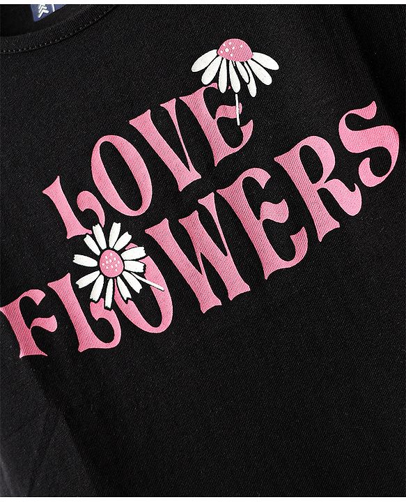 Pine Kids Cotton Knit Half Sleeves T-Shirt With Love Flowers Text Print - Black