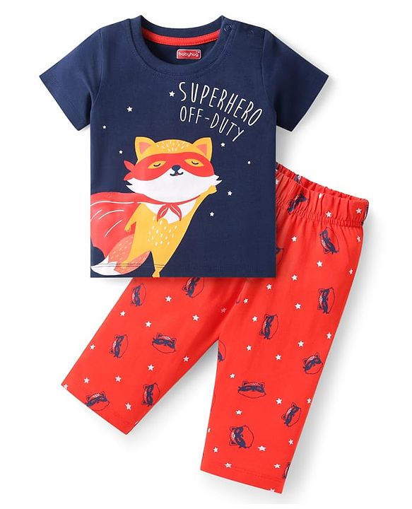 Babyhug Half Sleeves Night Suit Kitty Print - Navy Blue Red