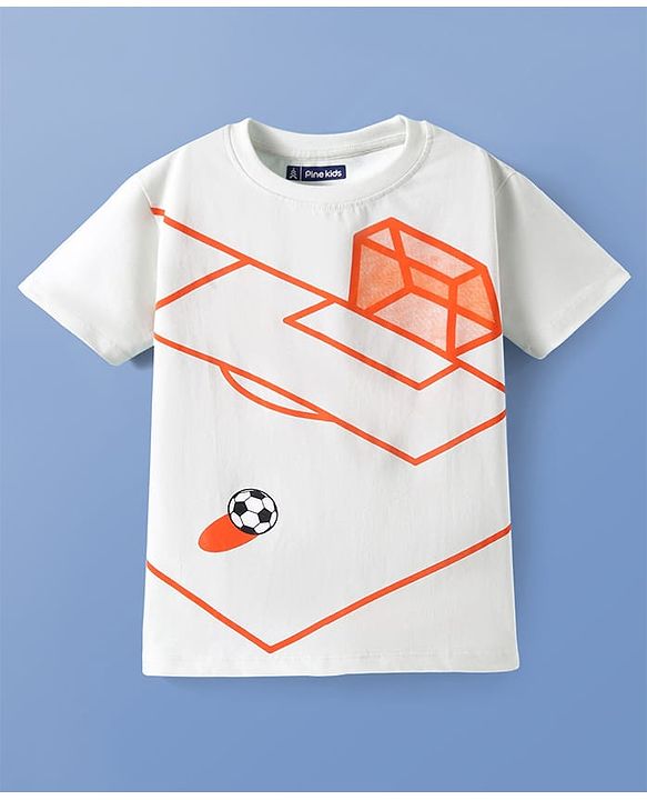 Pine Kids Cotton Knit Half Sleeves T-Shirt with Football Print - White