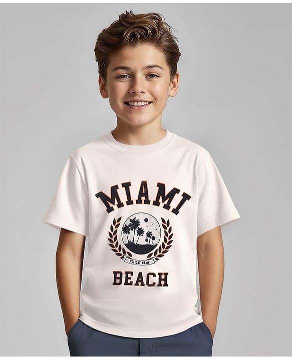 Pine Kids Cotton Knit Half Sleeves T-Shirt with Maimi Text Print - White