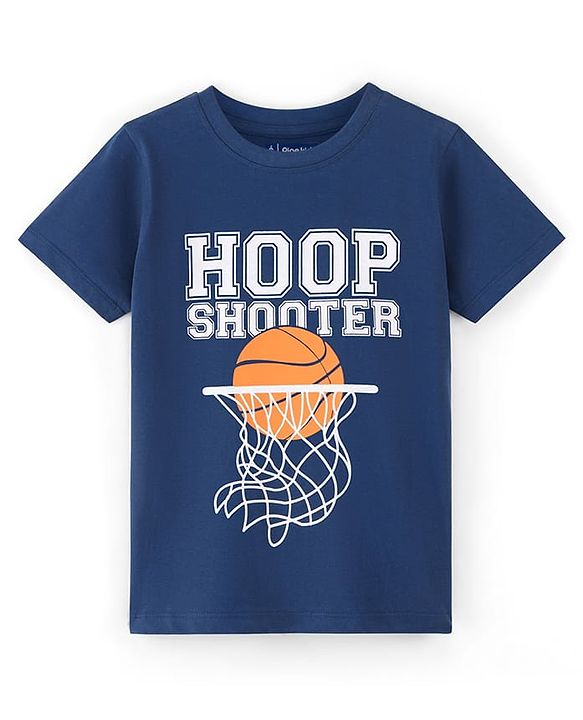 Pine Kids Cotton Knit Half Sleeves T-Shirt With Hoop Shooter Text Print - Blue