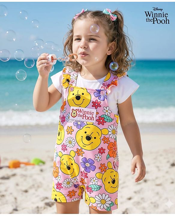 Babyhug Disney Single Jersey Knit Dungaree & Half Sleeves T-Shirt with Winnie the Pooh Graphic - Pink