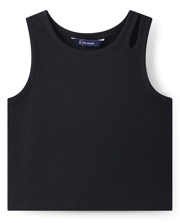 Pine Kids Cotton Knit Sleeveless Solid Color Ribbed Top - Black