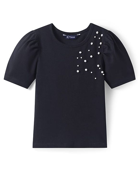 Pine Kids Cotton Knit Half Puffed Sleeves Top with Pearls Detailing - Black